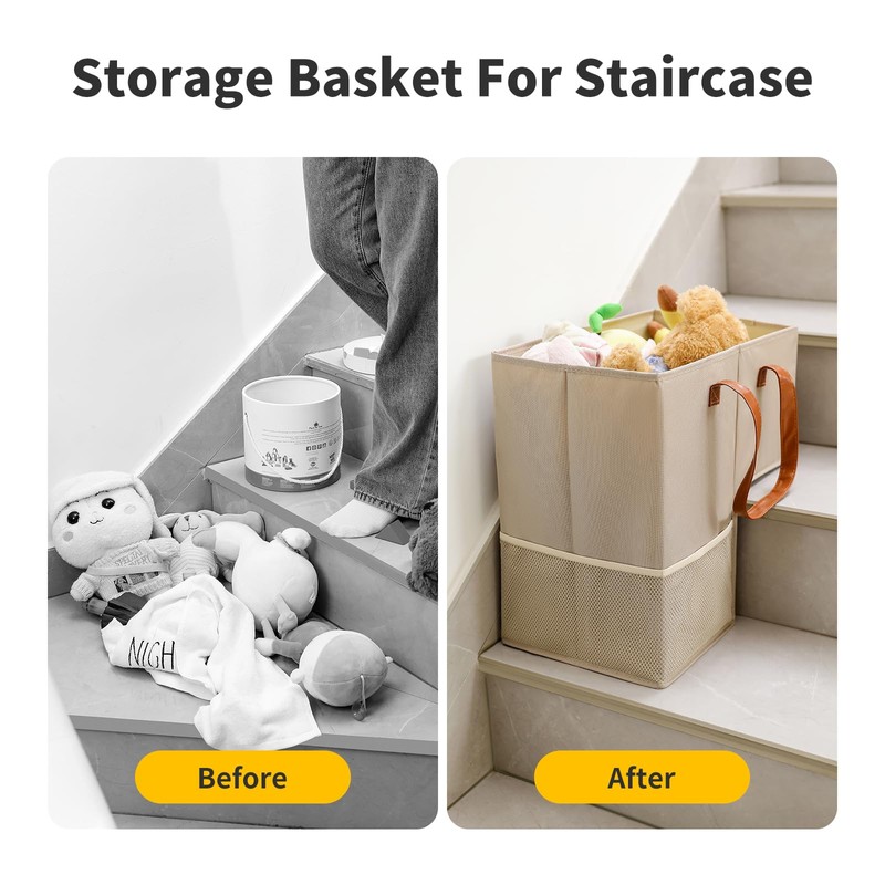 Qozary Stair Basket with Leather Handles - Staircase Basket for