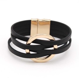 Kicomvi Multi-layer Leather Wrap Bracelet Boho Layered Leather Circle Charm Cuff Bracelet for Women Jewelry-black