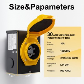 TECSPACE 30 Amp Generator Inlet Box, NEMA L14-30P Power Inlet Box, 125/250V, 7500W for 4 Prong Generator Cord, Weatherproof Generator Power Inlet Box for Outdoor Use, ETL Listed