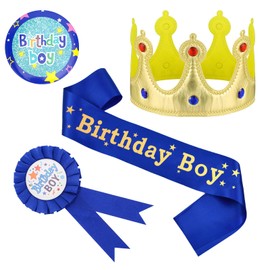 Pack of 4 Blue Birthday Girl Sash Badge Set, Straps for Birthday Parties, Satin Badge, Crown Birthday Boy Set for Boys Birthday Party, Cosplay Party, Stage Shows