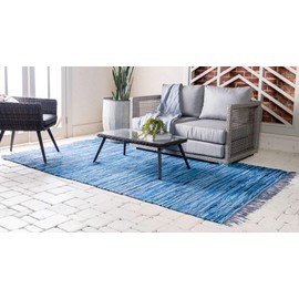 Unique Loom Chindi Cotton Collection Soft Hand Woven Natural Fiber Striped Area Rug, 9 ft x 12 ft, Navy Blue/Ivory