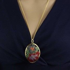 Lilylin Designs Chain with Red & Gray Hibiscus Cloisonne Pendant
