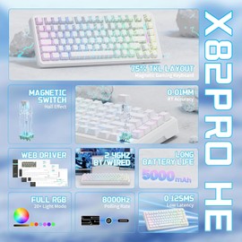 ATTACK SHARK X82 PRO HE Wireless Rapid Trigger RGB Mechanical Gaming Keyboard with Adjustable Actuation,2.4G/Wired/BT,8K Polling Rate,Hall Effect Magnetic Switch,5000mAh Battery for FPS(White Contour)