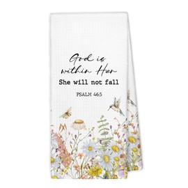 XBBMGG God is Within Her Bible Verse Kitchen Towels - Christian Religious Psalm 46 : 5 Dish Hand Tea Towels, Bible Quotes Summer Floral Farmhouse Decorative Towel for Bathroom Kitchen, 16x24 in