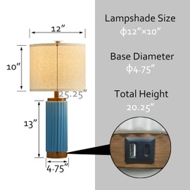 HGNPJC Blue Ceramic Table Lamp 3 Way Dimmable Nightstand Pottery Lamp Set of 2 with Oatmeal Shade 25” Modern Bedside Desk Lamp with USB A+C for Living Room Bedroom Farmhouse Dining Room Enterway