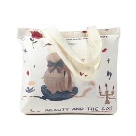 XTKELLY Stylish Heavy-Duty Canvas Tote Bag for Women, Reusable Grocery Bag with Zipper. Economical Canvas Tote Bag, Women Hobo Shoulder Bag (Beauty and the cat)