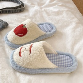 Rainbow Fluffy Character Cotton Slippers for Women - Autumn/Winter Indoor & Postpartum Comfort Fleece-lined Red Apple (Size 36-37) 5ea
