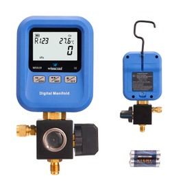 WISSCOOL Digital Gauges HVAC, R12,R22,R134A,R410,R502,R1234y Vacuum Pressure Manifold Gauge Set with LCD Sight Glass 22 Refrigerants Leak Detection Single Test Gauge for AC Charging (Blue)