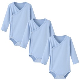 ACESTAR Baby 3 Pack Boy Girl Side Snap Bodysuits - 100% Cotton Plain Long Sleeve Baby Kimono for 0-3 Months, Blue