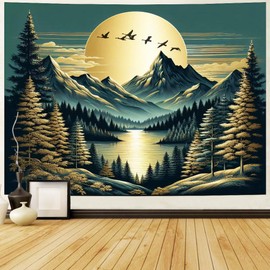 Generleo Mountain Moon Tapestry Forest Tree Tapestry Nature Landscape Tapestry Magical River Tapestry Vintage Aesthetic Tapestry Wall Hanging for Bedroom