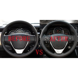 Eiseng Customized DIY Black Genuine Leather Steering Wheel Cover with Needles for 2013 2014 2015 2016 2017 2018 Toyota RAV4 Interior Accessories / For 2014-2018 Toyota Corolla 15 inches (Black thread)