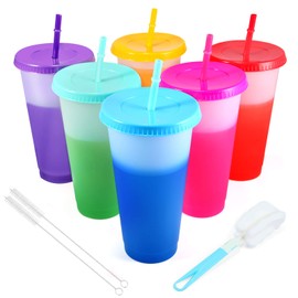 EASEVE Colour Changing Cups Tumblers with Lids & Straws - 6 Pack 24oz Reusable Plastic Cups Iced Coffee Cup Cold Water Color Change Party Tumbler for Kids Children Adults Travel Mugs for Drinks