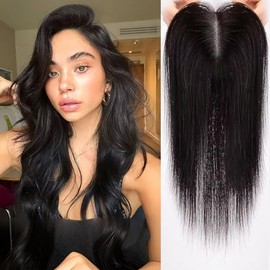 Haircube- Postizos para el cabello para mujeres con cabello fino, postizos de cabello humano 100% real de color negro natural para mujeres, postizos de cabello humano sin flequillo con 3 pinzas, base