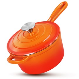 HaSteeL 1 QT Cast Iron Saucepan, Mini Enamel dutch oven with lid, Small Non Stick Pan for Milk, Pasta Tomato Sauce, Butter, Breakfast, Soup, Suitable for Boiling Stewing Frying, Easy to Clean, Orange