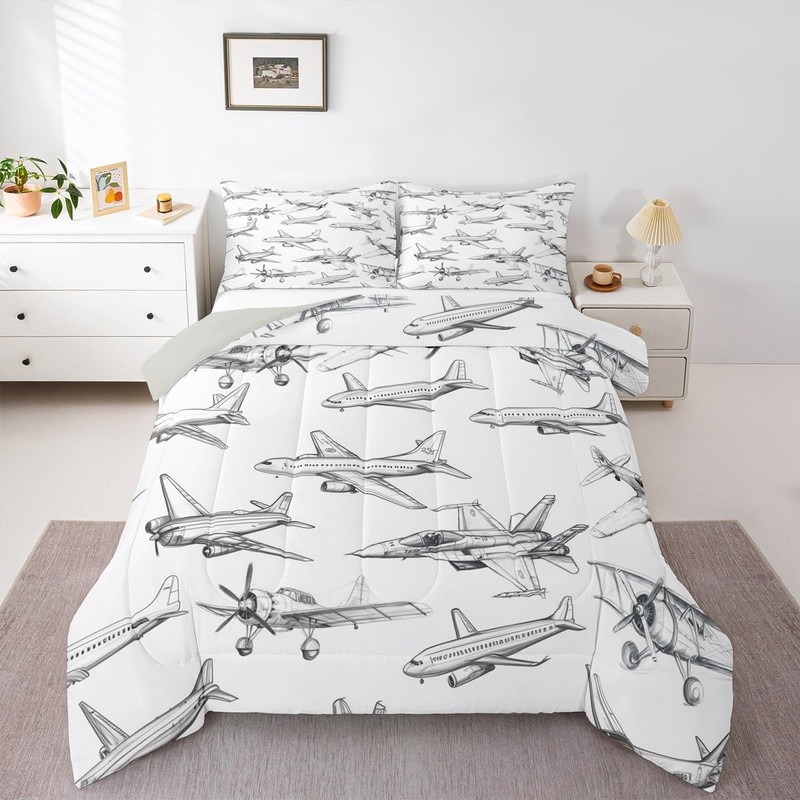 Homewish Airplane Comforter Set Queen Size Aircraft Bedding Set 3Pcs