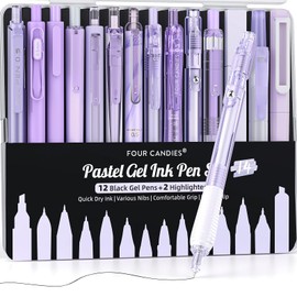 Four Candies Gel Ballpoint Pen Set, Cute Notebook Gel Pens, 0.5 mm, 12 Ballpoint Pens & 2 Highlighters, Quick Dry Ink, Easy to Apply, Great for School, Writing, Memo, Student Stationery-Purple