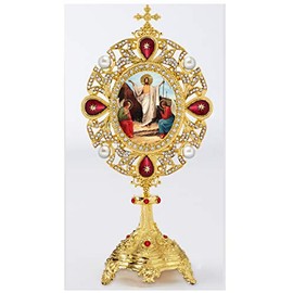 Resurrection of Jesus Christ Icon Image Monstrance Reliquary Shrine with Cross Pearls 7 Inch