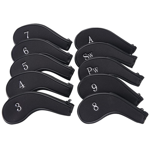 Sword &Shield sports Neoprene Zipper Golf Club Iron Head Covers Iron Covers 10pcs/Set(Black&Black)