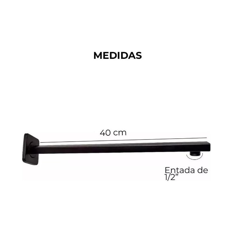 Brazo Cuadrado Regadera De 40cm Acero Inoxidable Negro Y Chapeton