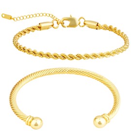 AWARDSEN 2 Pcs Gold Women's Bracelets Cuff Bangles Stackable Jewellery Chain 18+5 CM for Ladies Friends Lover Gift