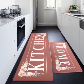 PCSWEET HOME Floral Kitchen Mats for Floor 2 Piece Anti Fatigue Mats for Kitchen Floor,Kitchen Rugs Non Slip Washable Memory Foam Kitchen Mat for Home,Office 17.3"x30"+17.3"x59",Coral Red