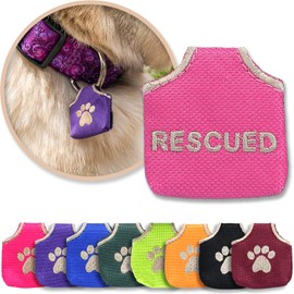 Woofhoof’s Dog Tag Silencer, Quiets Dog ID Tags, for Dogs and Cats, Pink Rescued, 1.75 x 1.75 x .75