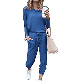 Paintcolors Women's Printed Two Piece Outfit Long Sleeve Crewneck Pullover Tops And Long Pants Sweatsuits Tracksuits, Denim Blue-solid, XXL