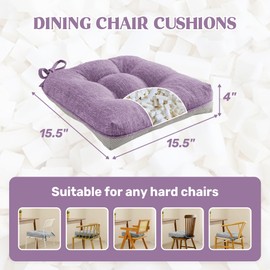 puredown® Chair Cushions for Dining Chairs, Tufted Memory Foam Chair Pads with Non-Slip Backing, Kitchen Seat Cushions with Ties, Washable Seat Pad Set of 4, 15.5" x 15.5" x 4", Lavender