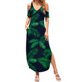 HUSKARY Summer Hawaiian Maxi Dress for Women V Neck Cold Shoulder Short Sleeve Casual Loose Long Split Dress with Pocket