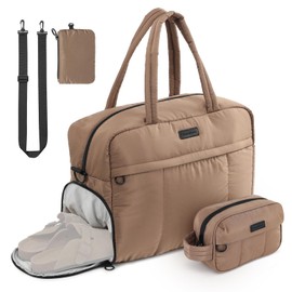 BBCREAT Travel Duffel Bag, Puffy Sports Tote Puffer Gym Bag with Toiletry Bag & Shoes Compartment, Quilted Weekender Overnight Bag for Women (Brown)