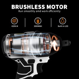 BRIEFNESS Cordless Impact Wrench 3200RPM High Torque Variable Speed 21V Brushless Impact Gun 420N.m(310ft-lbs) with 2pcs 6.0Ah Batteries, 4 Sockets, 12 Drill Bits and Carry Case