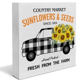 Country Market Sunflowers Wood Box Sign Decor Desk Sign Farmhouse Sunflower Truck Wooden Box Block Sign Rustic Home Shelf Wall Decor