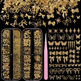 3D Gold Caviar Beads for Nail Art, Gold Butterfly Cross Nails Gems Charms, Stars Cross Bows Rivet Nail Studs, Multi Shapes Metal Caviar Rivet Nails Charms for Manicure DIY Supplies Accessories