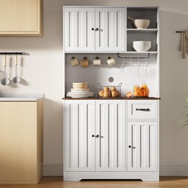 Gizoon Large Pantry Cabinet with Storage, 71" H Farmhouse Kitchen Hutch Cabinet, with Adjustable Shelves and Wine Rack, Modern White Coffee Bar with Round Hooks for Dining Room, Retro