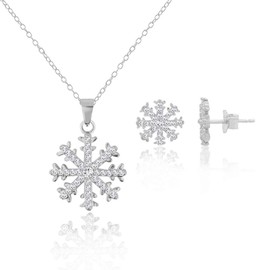 My Daily Styles 925 Sterling Silver CZ Winter Snowflake Pendant Necklace Stud Earrings Set