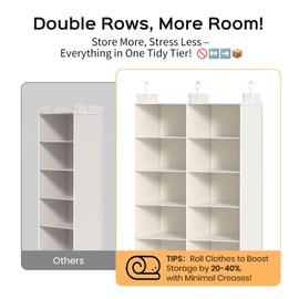 ALLTIDYUP Dual-Row 5-Tier Hanging Closet Organizer, 10-Pocket Clothes Storage Shelves with 3 Sturdy Hooks for Clothing Organization, Dorm Room Essentials for Girls, Foldable Design, White