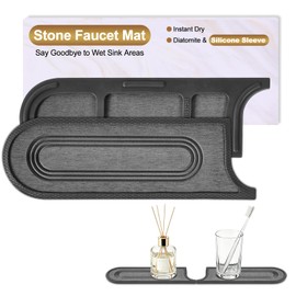 KitchifyMaers Faucet Mat for Kitchen Sink with Airflow Silicone Sleeve, Instant-Dry Diatomaceous Stone Sink Protector Tray Around Faucet for Kitchen, Bathroom, RV (Black Circle, 23.2" x 3.9" x 0.47")