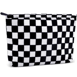 ZLFSRQ Checkered Makeup Bag for Women Girls Large Capacity Black Corduroy Travel Cosmetic Bag Set Makeup Pouch for Purse Zipper Toiletry Organizer Cute Y2K Aesthetic Trendy Makeup Brushes Storage Bag