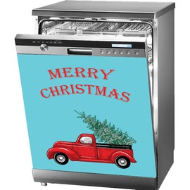 Decorative Dishwasher Cover, Dishwasher Magnet Cover, Magnetic Vinyl Decal, Reusable Panel Decal, 23.5” x 26” | Red Truck