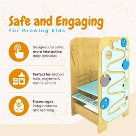 Clevercubs Tower Kitchen Helper – All in One Toddler Chair Kitchen Table Activity Tower – Heavy Duty Wood Step Stool with Activity Panel – Anti-Slip Felt Pads Tower