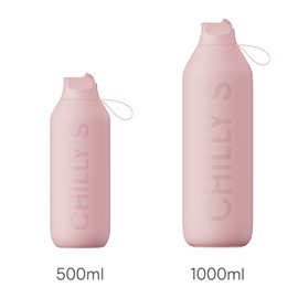 Chilly's Series 2 Flip Bottle, Thermos Flask with Sports Cap, Telescopic Straw and Nylon Carry Strap, Stainless Steel Bottle with Easy Flip Opening and Straw Brush, 500 ml, Blush Pink