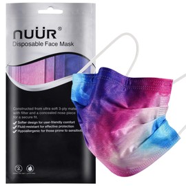 NUÜR 10pcs Tie Dye 3 Ply Disposable Face Mask, Mask with Filter Layer and Elastic Earloop, Retail Sealed Bags