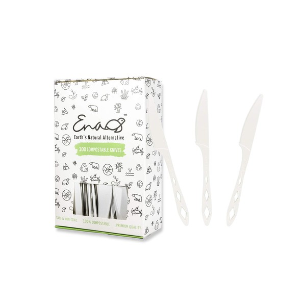 100% Compostable Non Plastic Knives [100 Pack] CPLA Disposable Knives. Non Plastic Silverware Set. Eco-Friendly Cutlery, Off White Flatware, Extra Sturdy Utensils, by Earth's Natural Alternative