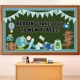 Justforjoyful Reading Travel Bulletin Board Decorations Set Classroom Reading Adventure Begin Motivational Themed Bulletin Board Cutouts Craft Home School Library Wall Decor Teacher Supplies