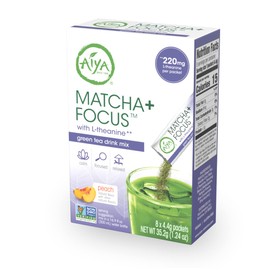 Aiya Matcha+ Focus™ - Peach Flavored Matcha Drink Mix with L-Theanine - 220mg L-Theanine - Natural Focus Booster - Premium Japanese Matcha Green Tea Powder - 8 Sticks