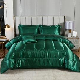 Satin Comforter Set with Sheet Set Queen Silk Like Green Bed in a Bag 8 Pieces Luxury Silky Sheet Set with Comforter Set with 1 Cushion Cover (Queen, Blackish Green)