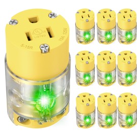 110V Female Plug Receptacle Illuminated Electrical Outlet Drop Cord Extension Cord Replacement Ends with Green Neon Light NEMA 5-15R 15 Amp 120 Volt UL Listed 10-Pack