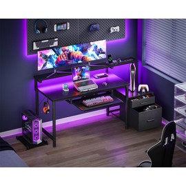 AODK 55 Inch Gaming Desk with Power Outlets & LED Light, Reversible Computer Desk with File Cabinet and Fabric Drawer, Office Desk with Keyboard Tray, Table with Full Monitor Riser and PC Stand, Black