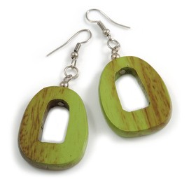 Oval Shaped Antique Lime Green Painted Wood Earrings/Lightweight - 55mm L