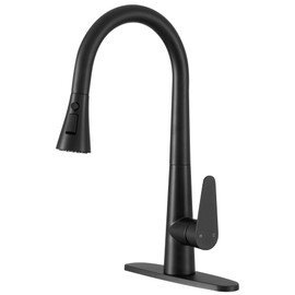 PUSU Black Kitchen Faucet with Pull Down Sprayer, Single Handle Black Kitchen Sink Faucet for RV Farmhouse Sink, Laundry, Bar Camper with Water Lines, Stainless Steel